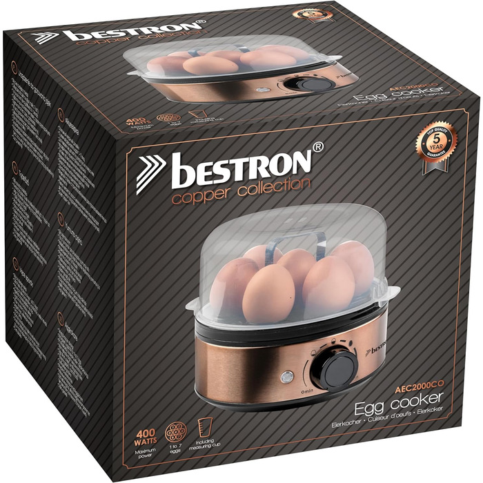 Електрична яйцеварка Bestron на 7 яєць, з акустичним сигналом, захистом від перегріву, регулюванням ступеня приготування, мірним стаканом і голкою, чорна/мідна