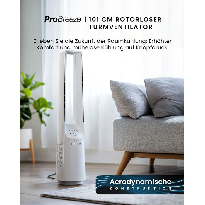 Вентилятор без лопатей Pro Breeze 101 см з LED дисплеєм, 6 швидкостей, 5 режимів, авто-коливання 60°, таймер 7 годин, управління через додаток та пульт, білий