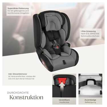 Автокрісло Tectake з 5-точковим ременем, i-Size, бічний захист, для дітей 76-150 см (до 36 кг), бустер, темно-сірий/чорний