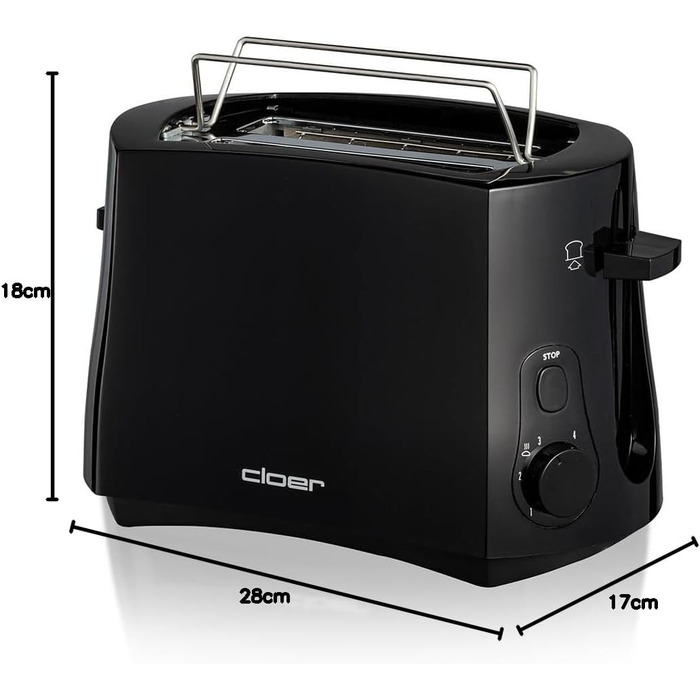 Тостер Cloer 3310 Cool-Wall 825 Вт, для 2 тостів, з підставкою для булочок, кришкою для крихт, функцією додаткового підйому, чорний
