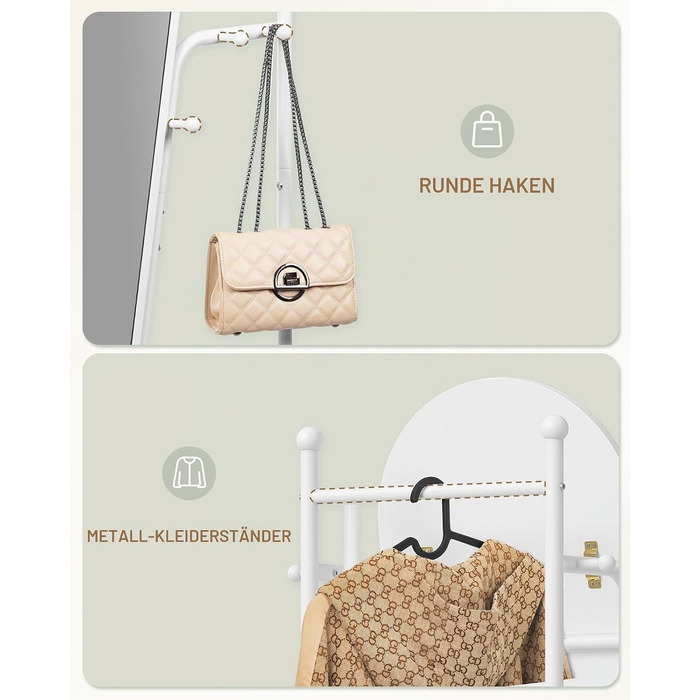 Дзеркало у повний зріст Hzuaneri на колесах з вішалкою для одягу та органайзером, 165 x 50 см, біле, для спальні та вітальні (DM42203W)