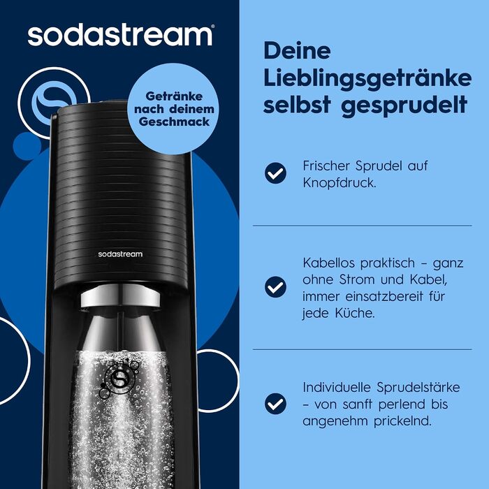 Сифон для газування води SodaStream TERRA Family Pack: 3 пляшки по 1л та циліндр CO2, чорний