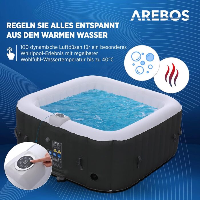 Надувний SPA басейн Arebos 154x154 см, 4 особи, 100 гідромасажних форсунок, для дому та вулиці, квадратний, 600 л, з підігрівом