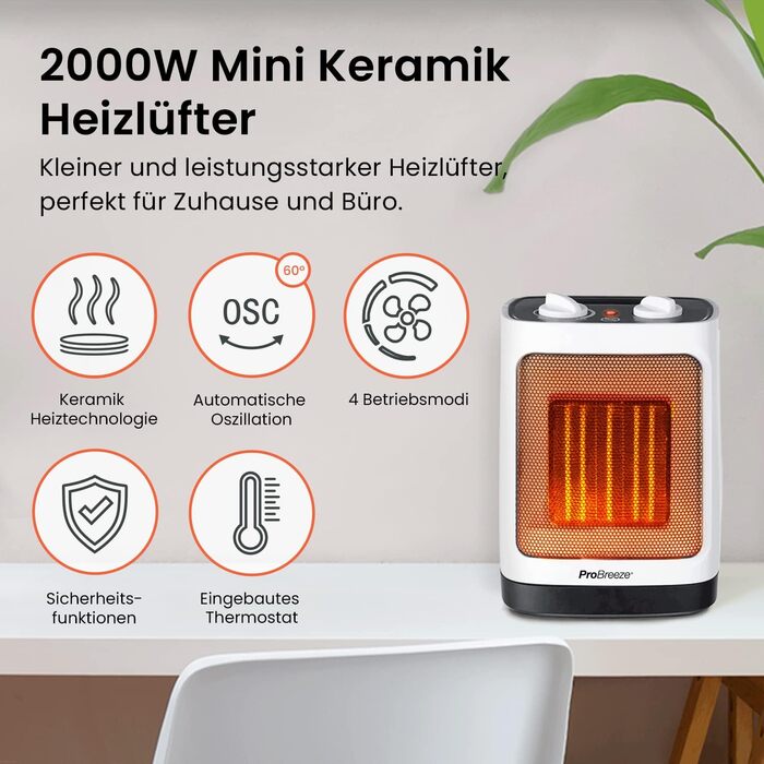 Міні керамічний обігрівач Pro Breeze 2000Вт, енергоощадний, з автоматичною осциляцією, 2 режими потужності, тиха електропічка для вітальні, офісу, тераси, білий
