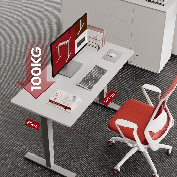 SANODESK Регульований стіл за висотою з настільною плитою, електричний, ергономічний, з тихим двомоторним механізмом, 160x80 см, білий+ахрон (160 x 80 см, сірий + білий)
