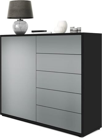 Комод Vladon Ben V2, 1 дверцята, 5 шухляд, чорний матовий/авола-антрацит, 79x74x36 см, корпус матовий, фасад авола-антрацит, вироблено в Німеччині