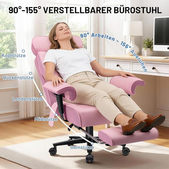 Офісний крісло HOFFREE Ergonomiczne для керівника, 220 кг, з підставкою для ніг, регульованою поперековою підтримкою, регульованою висотою підголівника, PU шкіра, чорне (рожева шкіра)