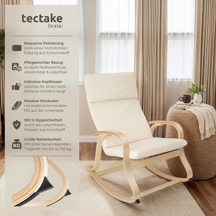 Гойдалка-крісло Tectake з підлокітниками, бежеве - для вітальні, дитячої, годування, спальні (до 150 кг) з подушкою