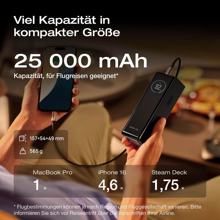 Powerbank EcoFlow Rapid 25000 mAh 170W з вбудованим кабелем, чорний