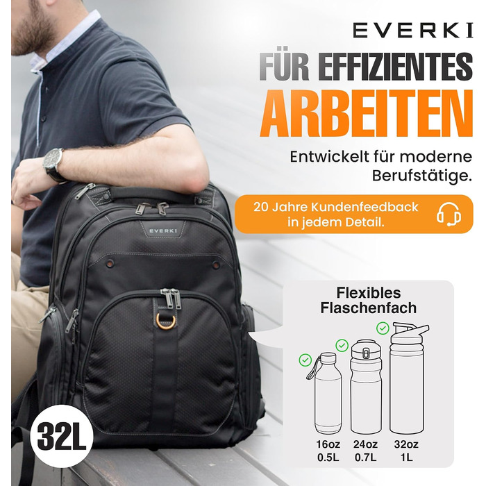 Бізнес-рюкзак для ноутбука Everki Atlas 32L (13–17.3 дюймів), ергономічний дорожній рюкзак з регульованим відділенням, чорний