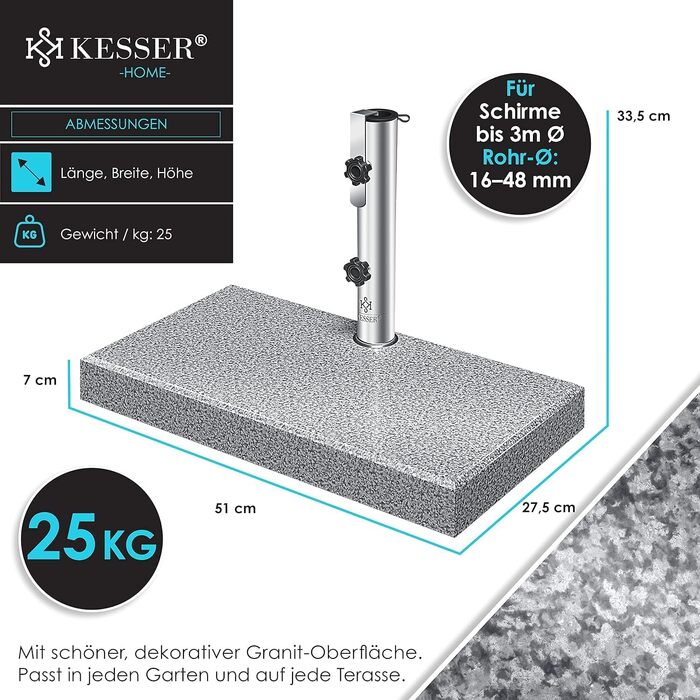 Підставка для парасольки KESSER Granit 30 кг з нержавіючої сталі (сіра, прямокутна) для стовпів 16-48 мм, з ручкою для транспортування - для саду та балкону