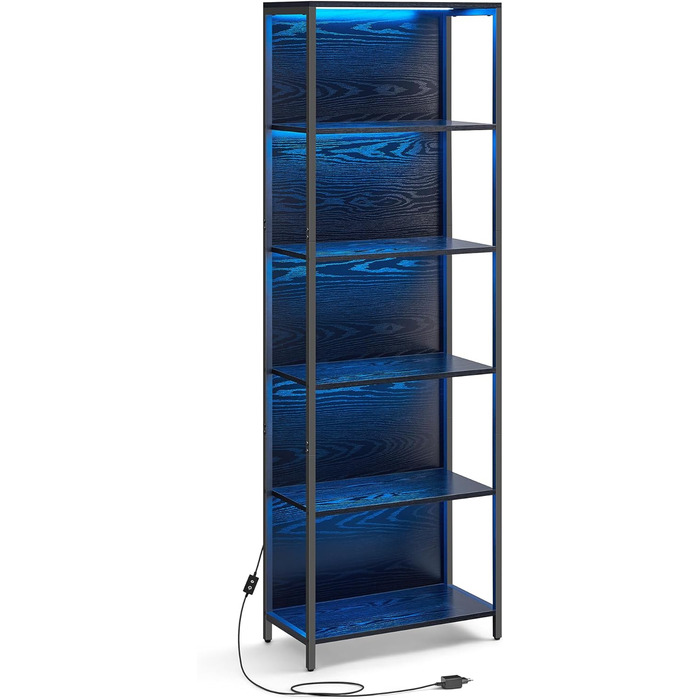 VASAGLE книжкова шафа з 6 полицями, стелаж зі сталевим каркасом, регульоване LED-підсвічування, 30,3×60×178,6 см, для вітальні, спальні, кабінету, чорне ебенове дерево