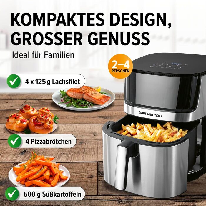 GOURMETmaxx 4в1 цифрова аерофритюрниця 2200 Вт, 7,5 л, нержавіюча сталь/чорна, 10 програм, енергозберігаюча, сенсорний дисплей, таймер