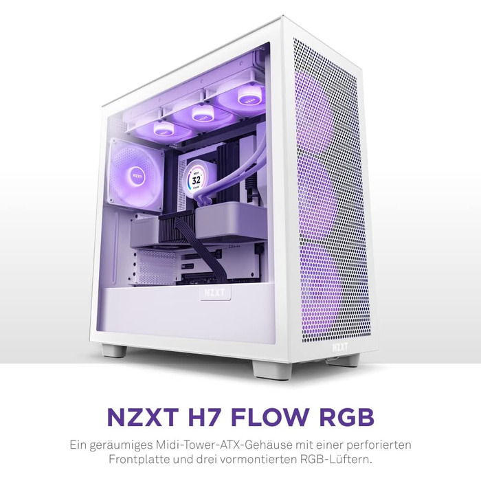 Корпус для ПК NZXT H7 Flow RGB білий, ATX Mid-Tower, з USB-C, сітчаста передня панель, загартоване скло, 3 вентилятори F-Series 140мм RGB, підтримка водяного охолодження