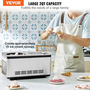 Електрична машина для приготування морозива VEVOR 2L, 180W - Морозиво, сорбет, йогурт, Gelato. Срібна, горизонтальна