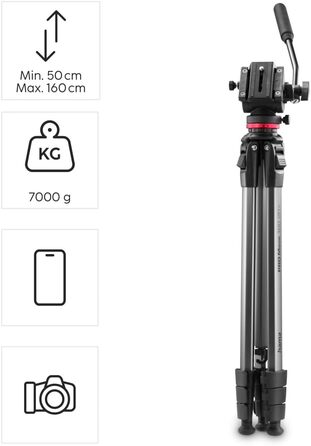 Відеоштатив Hama з флюїдною головкою для камери, смартфона і DSLR, алюмінієвий, легкий, 46–160 см, навантаження до 7 кг, з тримачем для телефону