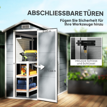Outsunny Garden Shed 2,1 м², Водонепроникний садовий сарай з підлоговим односхилим дахом, 131x186x198/172 см, Сарай для інструментів з дверима, що замикаються, Вікно Велосипедний гараж, Садова шафа з алюмінію, для заднього двору, Саду, Сірий