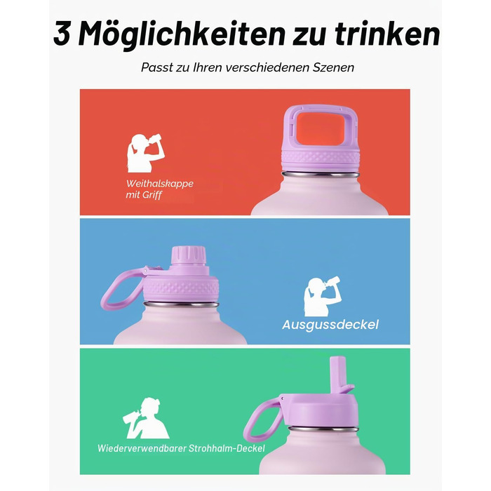 Термобутилка Coolflask 2Л зі сталею, трубою та 3 кришками, вакуумний ізольований спорт-флакон для води та офісу, герметична, рожева (1893 мл)