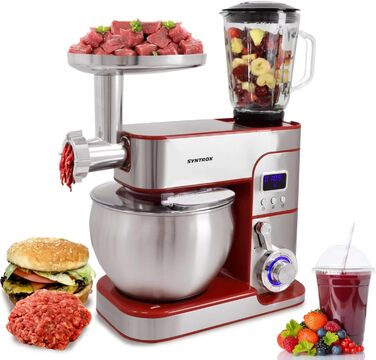 Кухонна машина Syntrox Germany Glumya 7 л, м'ясорубка, насадки для тіста та крему, нержавіюча сталь, LED-дисплей, 1300 Вт, червона