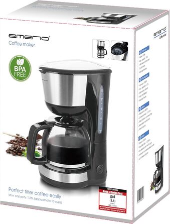 Кавоварка фільтраційна Emerio CME-122933, 1.25 л, 1000 Вт, чорна/срібляста, знімний постійний фільтр, функція захисту від капання, авто-вимкнення, скляний глечик, до 10 чашок