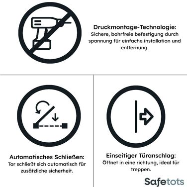Захисні сходи для дітей Safetots Druckmontage, самозакривне, білі, 68.5-75 см. Бар'єр безпеки для малюків, легкий монтаж.