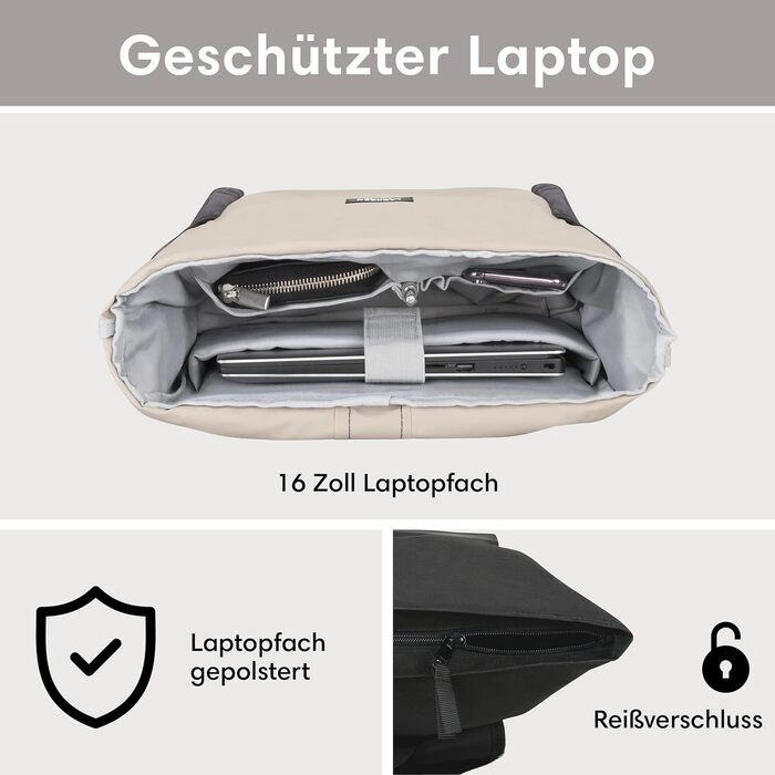 Жіночий рюкзак LARKSON Rolltop No 2, великий, водостійкий, антивандальний, для школи, університету, роботи, велосипеду, відсік для ноутбука 16'', еко-матеріал, бежево-сірий