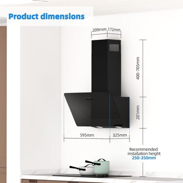 Похила витяжка для кухні FIREGAS 60 см, чорна, з LED-підсвіткою, безщеточним мотором та режимами відводу/рециркуляції повітря, клас енергоефективності A++