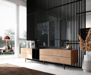 ТВ тумба Newfurn чорна дика дуба, вінтаж індастріал, 195x48x37 см, тумба під телевізор у вітальню
