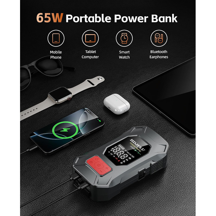 Пусковий пристрій Jump Starter 7500A з компресором 180 PSI та Powerbank 24000mAh для бензинових та дизельних авто (до 10.0L), PD65W, LED-дисплей