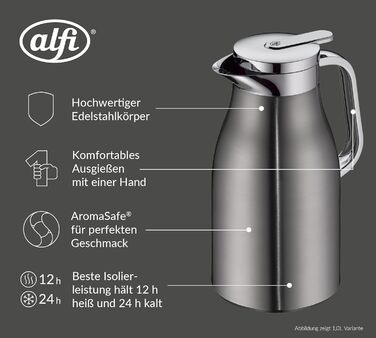 Термос Alfi SKYLINE 650ml Cool Grey Mat з нержавіючої сталі з скляним вкладишем, з кришкою-поворотом та зручною кнопкою, ергономічна ручка, для кави, 650 мл