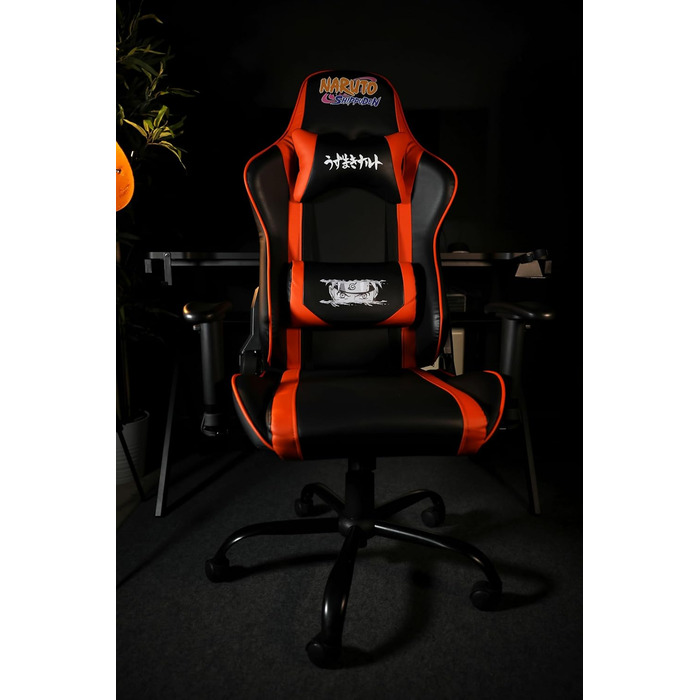 Ігрове крісло Konix Naruto Shippuden Premium, PVC-шкіра, ергономічне, з подушками для попереку та шиї, нахил 150°, дизайн Хокаге, чорне з помаранчевим