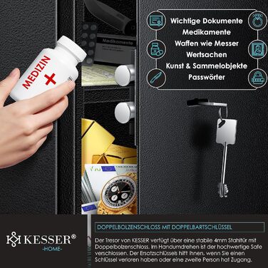 Сейф KESSER для меблів з двобортовим замком, чорний XL, 50x35x31 см, сейф для грошей, настінний/підлоговий, 2 ключі та кріплення