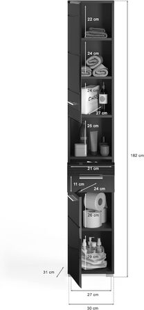 Шафа для ванної кімнати xonox.home Linus X18B5711, чорний глянець, 30x182x31 см