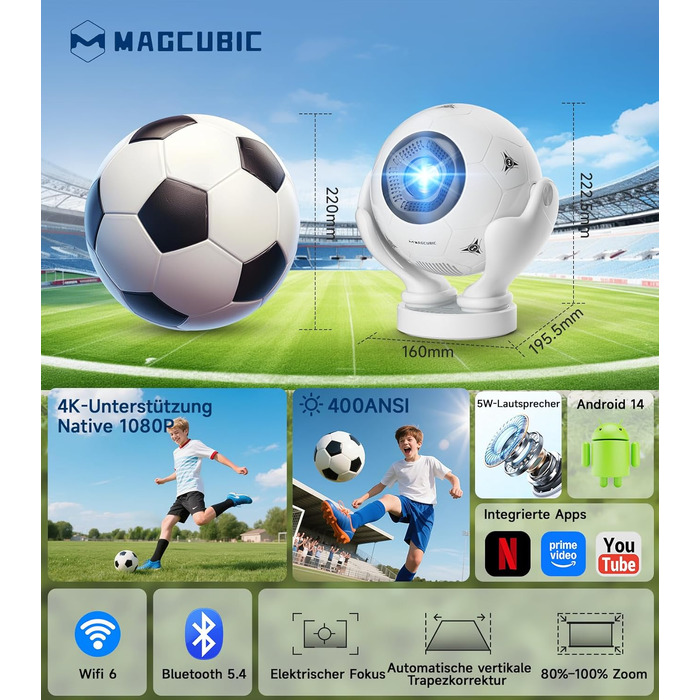 Magcubic Mini Beamer 4K/8K Android 14: Портативний проектор 1080P, 600 ANSI, WiFi 6, Bluetooth 5.4, Автофокус, 180° поворот, 12W динамік, для дому та вулиці (Білий)
