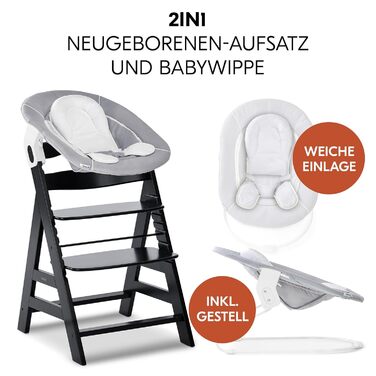 Високий стільчик для годування Hauck Alpha+ Newborn Set - з 2в1 гойдалкою. Дерев'яний стільчик для немовлят від народження, з м'якою подушкою та вкладишем для новонароджених (Classic, Чорний)