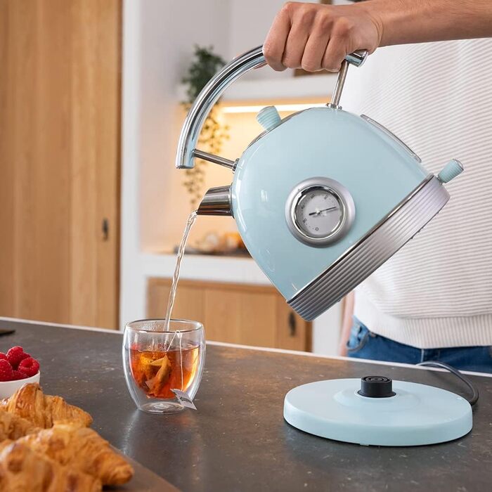 Електрочайник Cecotec ThermoSense 420, 1,8 л, 2200 Вт, з температурним індикатором, нержавіюча сталь, 360° база, вінтажний стиль, блакитний