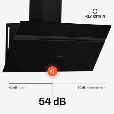 Витяжка для кухні Klarstein Alina 90 см, чорна, продуктивність 615 м³/год, клас енергоефективності A, LED-підсвітка 9 кольорів, сенсорне керування, режим рециркуляції
