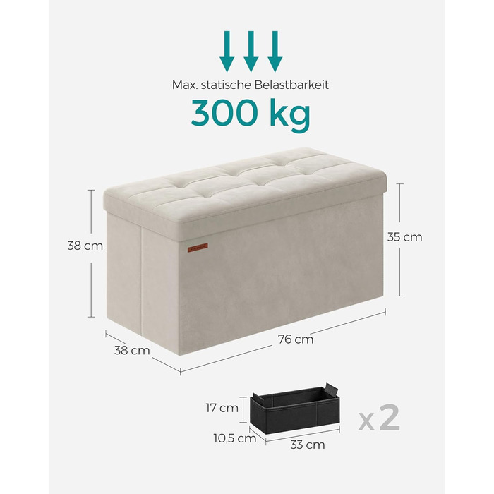 Складаний пуф SONGMICS з місцем для зберігання, 110x38x38 см, кремово-білий, до 300 кг, для вітальні, спальні, передпокою