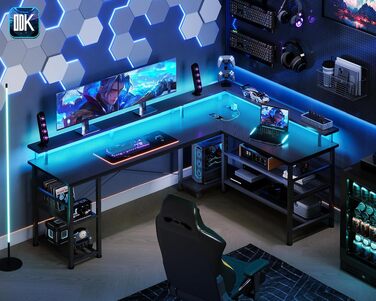 Ігровий кутовий стіл ODK Gaming з LED-підсвіткою та USB-портом, вуглецеве покриття, 168×120 см, чорний