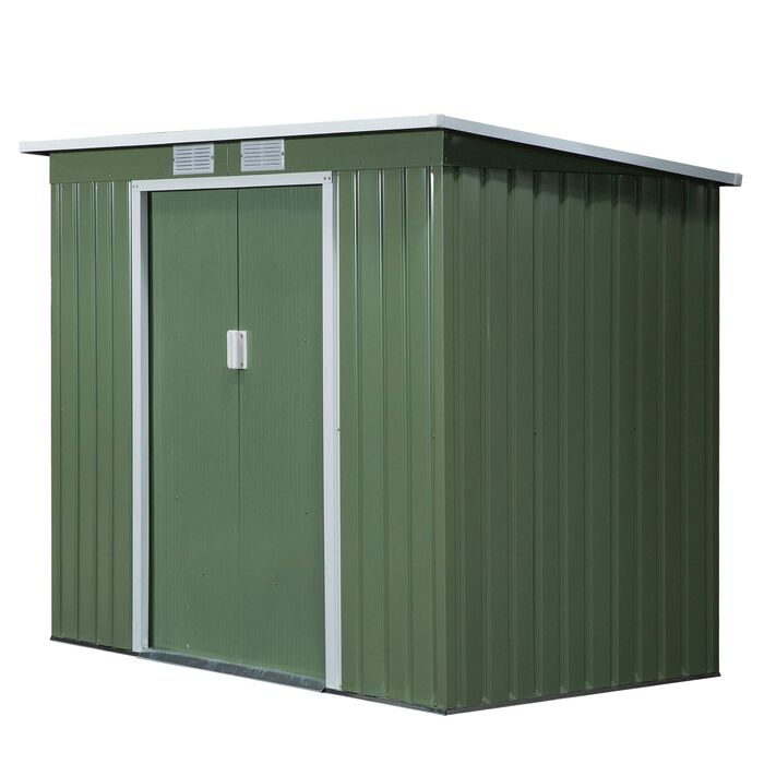 Outsunny Garden Shed 2,42 м², Садовий сарай з вентиляційним вікном, Розсувні двері, Фундамент, 213 x 130 x 159/172 см, Садовий сарай з оцинкованої сталі, Атмосферостійкий, Для саду, Зелений