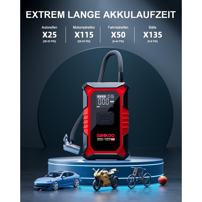 Пусковий пристрій GOOLOO A3 Jump Starter 3000A з компресором 150 PSI та функцією Powerbank