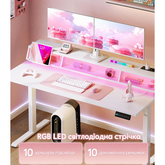 Офісний стіл для геймінгу OffiGo, 140 см, регульована висота, RGB LED, розетки, 3 полиці, тримач для напоїв та навушників, поверхня з карбону, білий колір