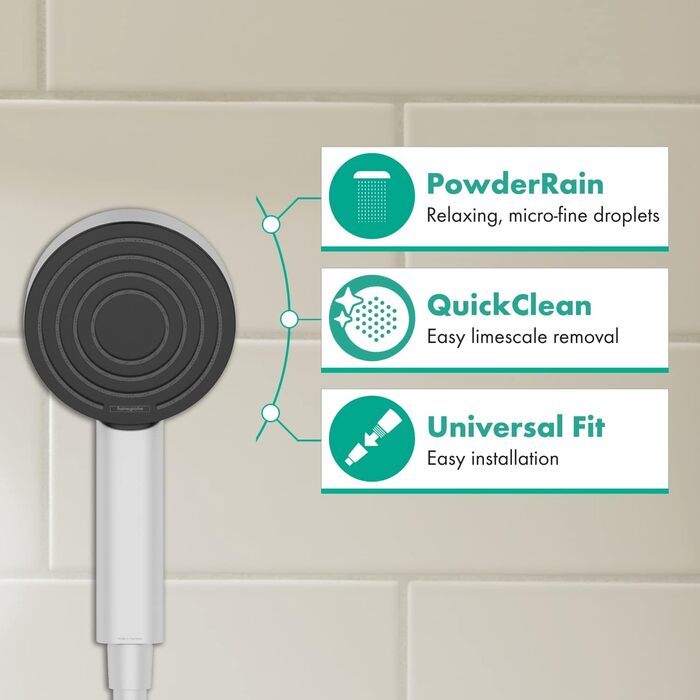 Душова лійка Hansgrohe Pulsify Select S з економним споживанням води (6.9 л/хв), ручна лійка з 3 режимами, діаметр 105 мм, з антинакипним покриттям, артикул 24111000 (Матовий білий, 1 режим, PowderRain)