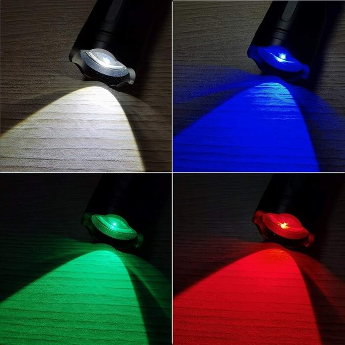 Alonefire X32 Багатофункціональний тактичний LED ліхтар 4-в-1: зелений, синій, білий, червоний, акумуляторний, з функцією зуму, комплект з батареєю та зарядкою, для полювання, туризму, поліції, військових, надзвичайних ситуацій