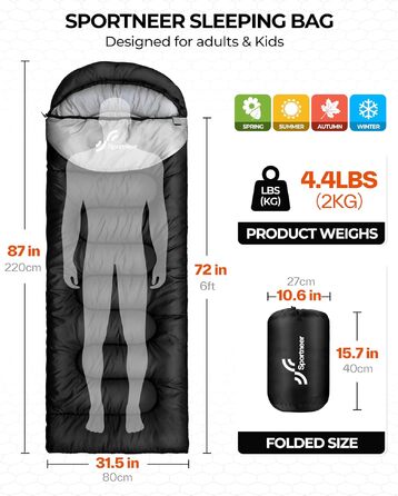Спальний мішок Sportneer Outdoor у формі ковдри, 220x80 см, чорний, 2 кг