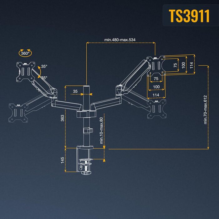 Підставка для монітора RICOO TS3911 для 2 моніторів, газ-амортизатор, VESA 75x75/100x100, 17-32 дюйми