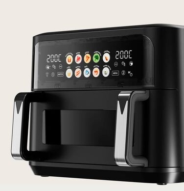 Аерофритюрниця EVVO з подвійним кошиком 8-10 л, 2800 Вт, без олії, Dual-Cyclone, 10 програм, антипригарне покриття, чорна