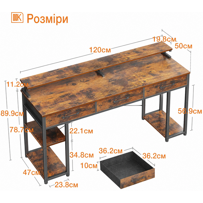 Письмовий стіл ODK з ящиками та полицею, 120x50x90 см, комп'ютерний стіл з підставкою для монітора, для дому та офісу, коричневий