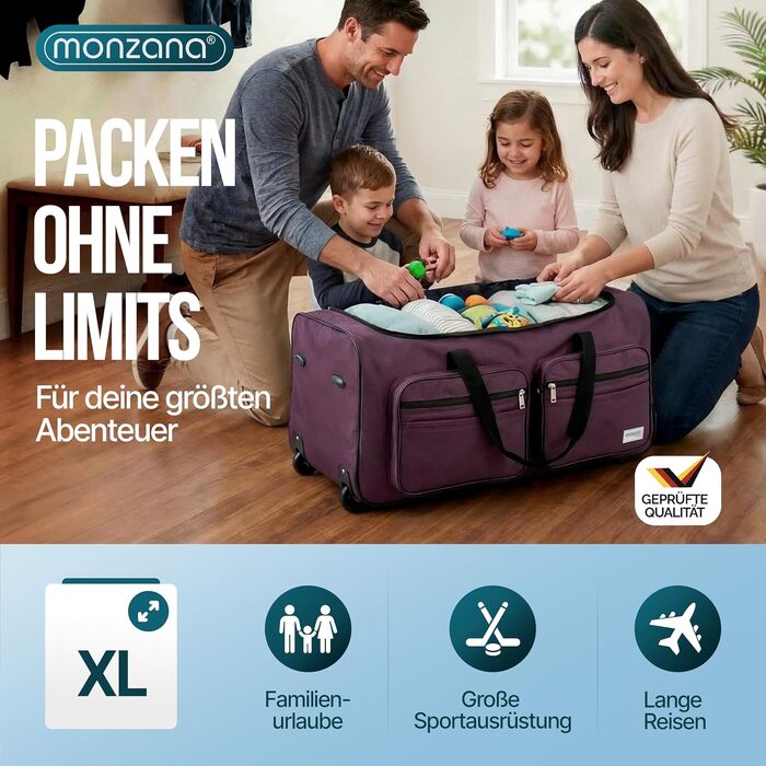 Дорожня сумка на колесах MONZANA XL 85л з телескопічною ручкою, м'який дорожній багаж, фіолетова (70x36x34 см)