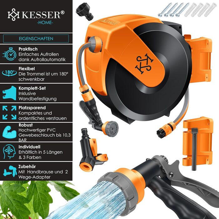 Шланг садовий KESSER® на котушці 35м з настінним кріпленням, поворотний 180°, автоматичне скручування, чорно-помаранчевий, з душем 7 функцій